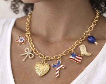 Gold Charm Necklace, Patriotic Faith Jewelry, Cross, Flag, Heart Locket
