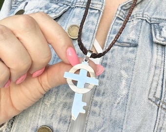 Silver Cross Western Necklace: Stainless Steel & Leather, Country Style
