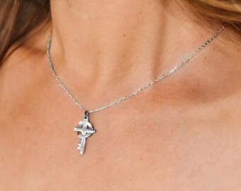 Dainty Cross Key Necklace, Stainless Steel Religious Jewelry Gift