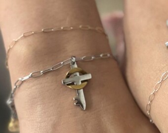 Dainty Cross Charm Bracelet: Two-Tone Bridal Party Jewelry Gift