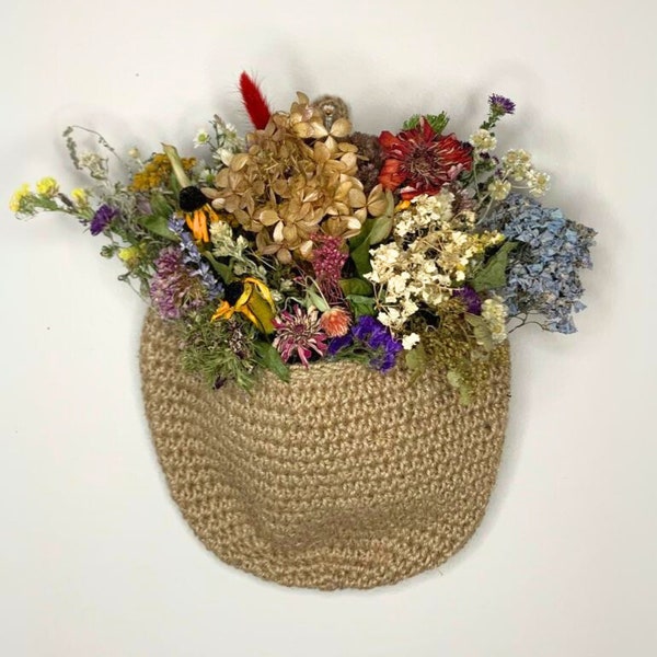 Dried Flower Bouquet, 10x15 Hanging Basket, Burlap Basket Bouquet, Colorful Flowers, Wall Decor, Floral Room Decor, Botanical Flower Art