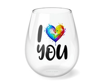 I Love You (Stemless Wine Glass, 11.75oz) - Colorful Heart