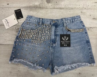 Shorts Donna ragazza con borchie blu