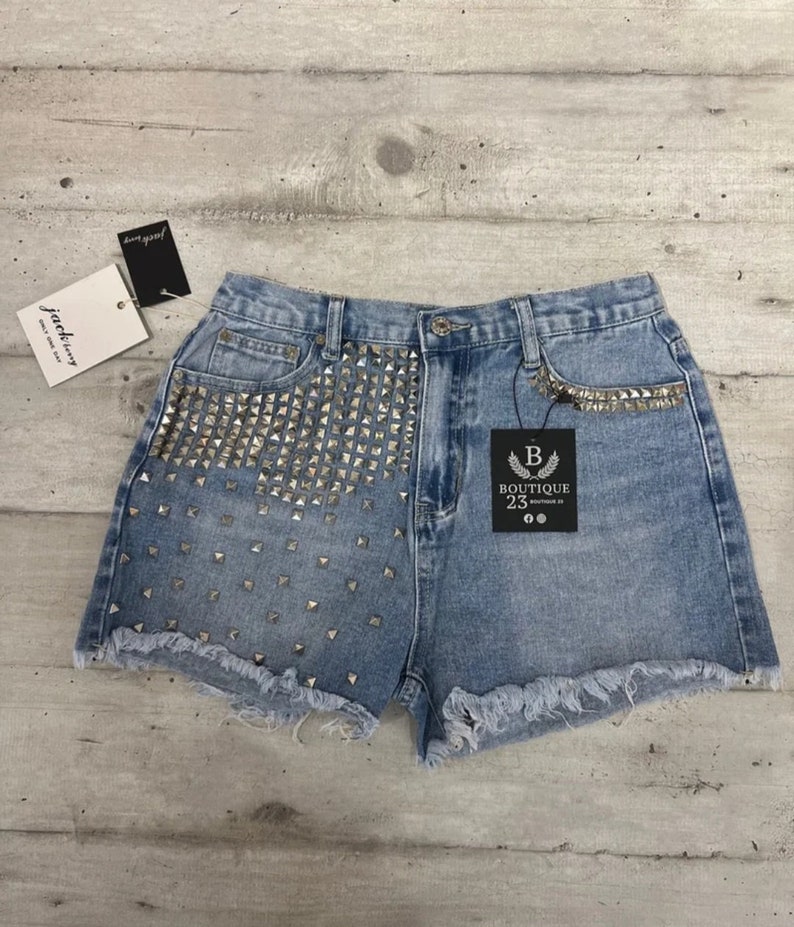 Damesmeisjesshort met blauwe studs afbeelding 1