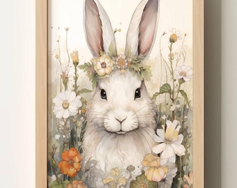 May include: A white rabbit with a flower crown sits in a field of wildflowers. The rabbit has a soft, fluffy coat and large, brown eyes. The flowers are a mix of white, yellow, and orange.