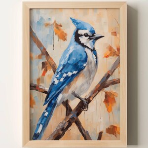 Perched Blue Jay Instant Download Digital Nature Art for Home Décor Bird High Resolution Downloadable Art Blue Jay Oil Painting Art