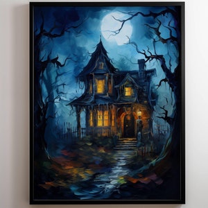 Spooky Haunted House Instant Download Digital Halloween Art for Home Décor High Resolution Halloween House Art Haunted House Oil Painting