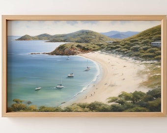 Coastal Cove with Boats Instant Download Digital Coastal Art for Home Décor High Resolution Beach Art Print Coastal Beach Oil Painting