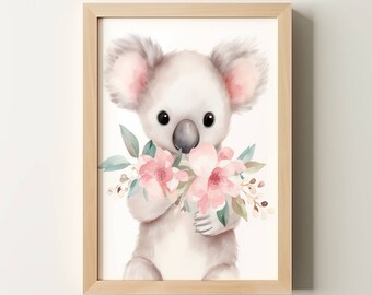 May include: A watercolor painting of a koala holding a bouquet of pink flowers. The koala is sitting on a white background. The painting is framed in a light wood frame.