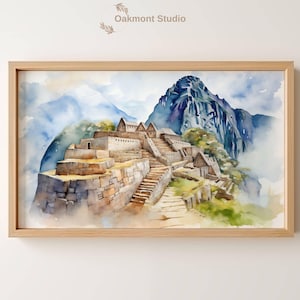 May include: Watercolor painting of an ancient stone structure with a mountain in the background. The structure is made of brown stone and has a series of steps leading up to it. The mountain is a dark blue color and is covered in clouds. The painting is done in a realistic style and has a soft, dreamy feel.