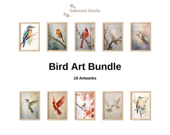 Paquete de 19 juegos de aves Descarga instantánea de arte de aves para la decoración del hogar Arte digital de aves Variedad de aves de alta resolución Pinturas al óleo y acuarela