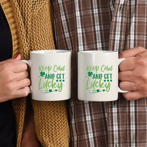 Keep Calm and Get Lucky: St Patricks Day Irish Themed with Shamrocks & Hearts Coffee Mug Ceramic Mug, 11oz