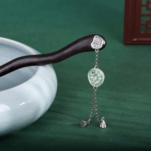 Black Ebony Hairpin-925 Sterling Silver Hairpin-Antique-Inspired Hairpin with Lotus Pod Tassel-Jade Hairpin-Hanfu Accessories