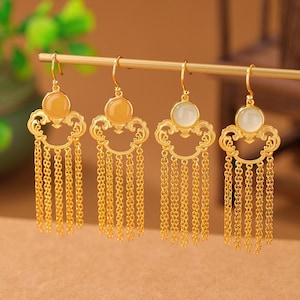 925 Sterling Silver Gold-plated Filigree Tassel Earrings - Jade - Amber - Vintage Style-Chinese Style