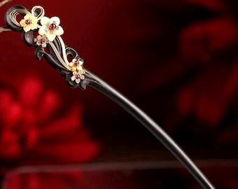 Forcina per capelli con fiore giallo-Forcina per capelli in legno di ebano-Design originale-Forcina per capelli in stile antico-Ornamento per capelli in legno cinese-Accessorio per capelli-Nuovo orientale