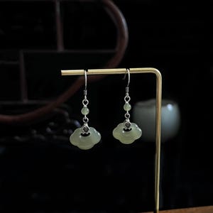 Natural Jade and Sterling Silver Earrings-Neo-Chinese Style Elegant Dangle Earrings-Perfect Gift for Women-Original Design