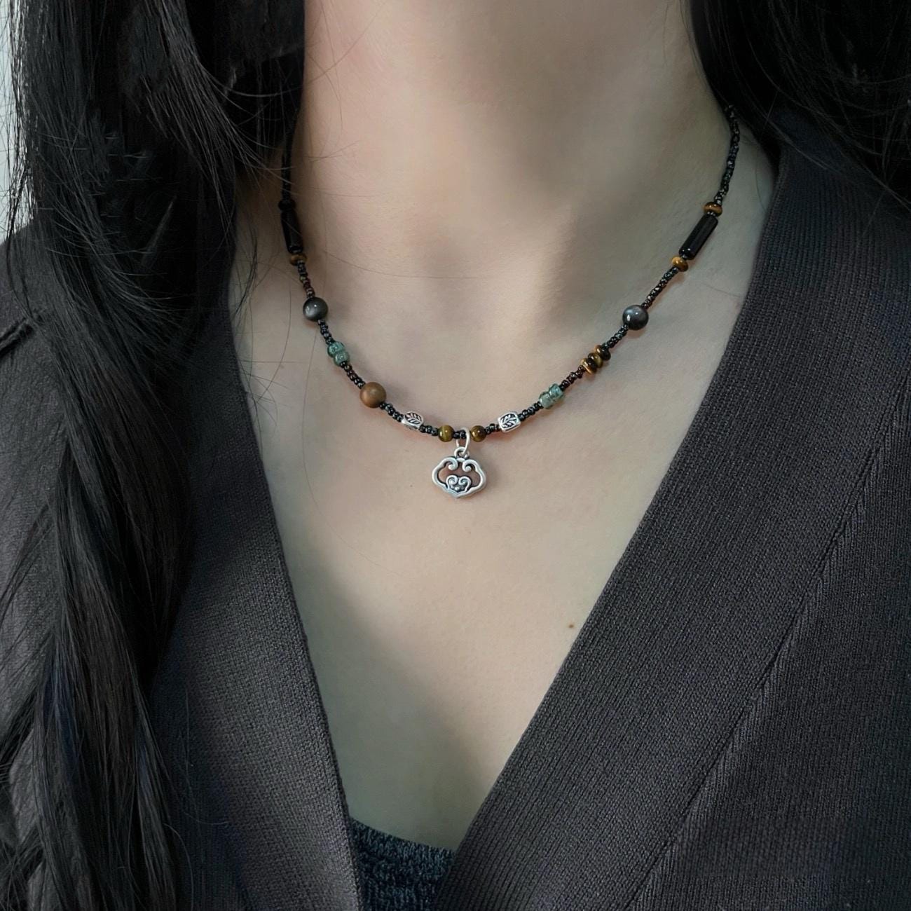 手作りのスターリングシルバーRuyiネックレス：中国のレトロな鎖骨 