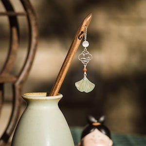 Natural Jade Green Hairpin-Green Sandalwood Hairpin-silver Hairpin-Beautiful Hairpin-Chinese Style-Ginkgo biloba-Vintage
