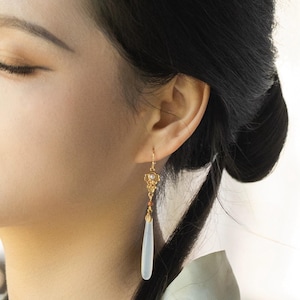 Teardrop Jade Earrings: Gold-Plated Sterling Silver, Hanfu Qipao Style
