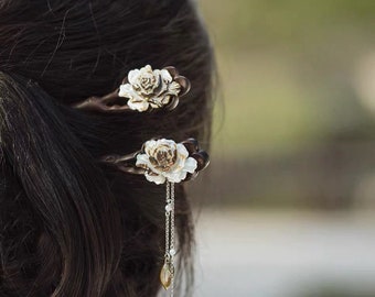 Fermaglio per capelli in legno d'ebano - Fermaglio per capelli a forma di fiore - Fermaglio per capelli in argento sterling - Accessori per hanfu - Design originale fatto a mano - Vintage - Stile cinese - Nuovo stile orientale