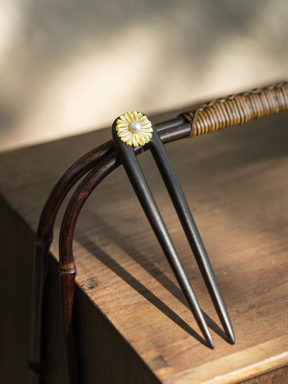Vintage | Hair Stick | Pearl & Gold Accent Black Hair Stick Black Onyx Hairpin, Thick Wooden Stick - Etsy main image 2