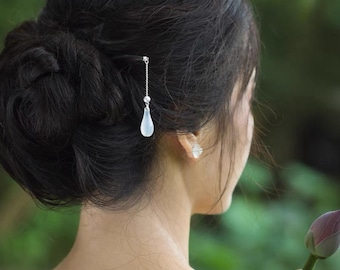 Ebony Hairpin: Sterling Silver, Jade & Carnelian - Chinese Style