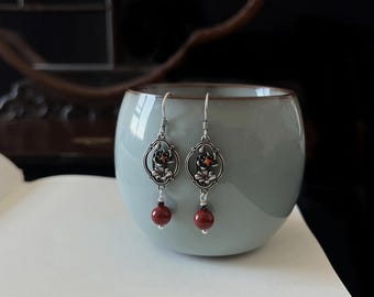 Pendientes colgantes de cinabrio en plata de ley: diseño retro de loto chino