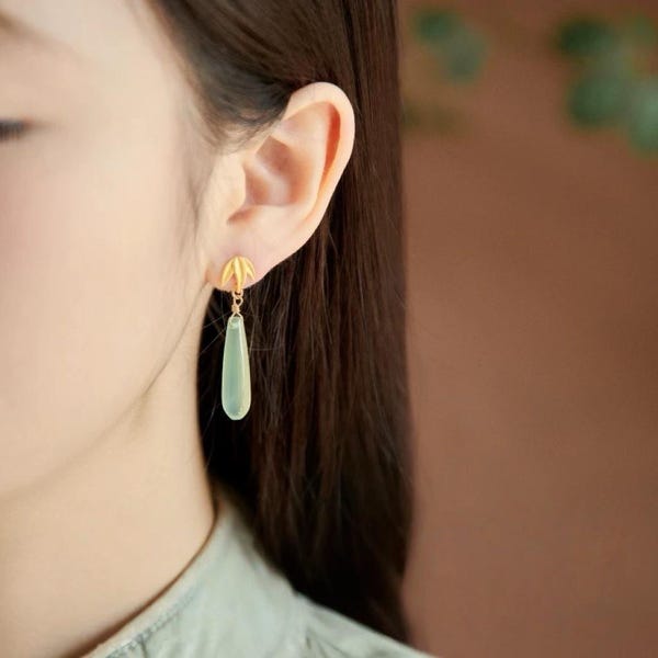 Teardrop Agate Earrings: 925 Sterling Silver, Guofeng Style