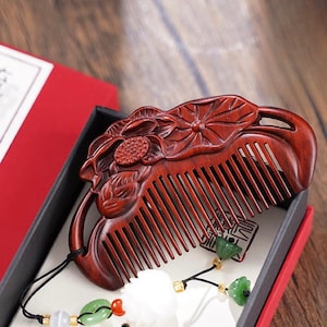 Rosewood Lotus Carved Comb-Wooden Comb-Antique Style Comb with Gift Box-Perfect Valentine&#39;s Day Gift for Your Girlfriend-Everyday Grooming