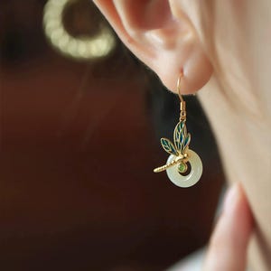 Natural Jade and Sterling Silver Cloisonné Enamel Dragonfly Earrings for Women – New Chinese Style Dangle Earrings-Traditional Jade Eardrop