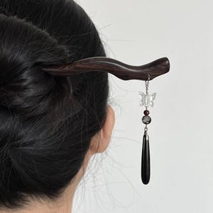 Ebony Wood Hairpin: Sterling Silver, Chalcedony, and Shell - Chinese Style