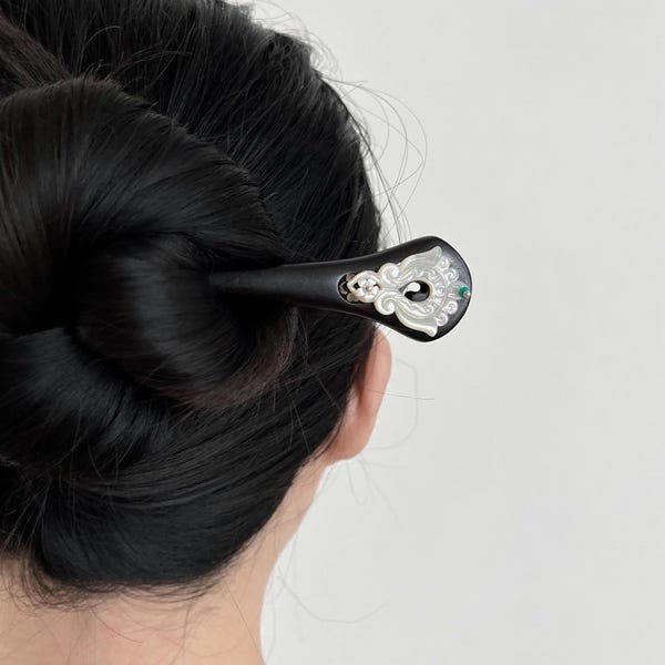 Épingle en ébène : mèche phénix en nacre de style chinois