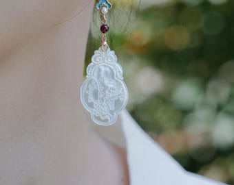 Mother-of-Pearl Floral Earrings: 18K Gold Cloisonné, Garnet Dangle Earrings
