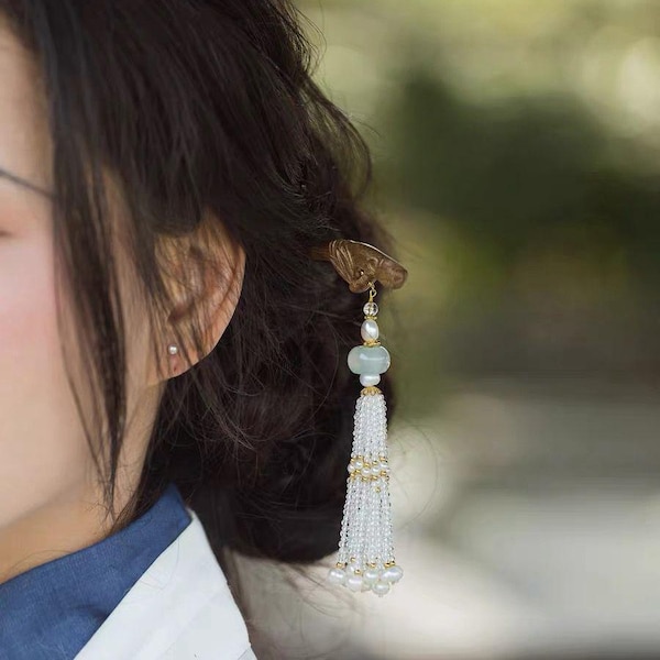 Natural Golden silk nanmu Hairpin-Fresh water pearl-tassel Hairpin-Beautiful Hairpin-Oriental-Chinese Style-Accessories for Hanfu-Vintage