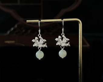 Jade Lotus Sterling Silver Earrings: Elegant Chinese Design
