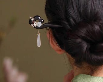Black Ebony Hairpin-Original Design Hairpin-Guofeng Hairpin-White Agate and Jade Hairpin-New Chinese Style-Pendant Hairpin-New Oriental