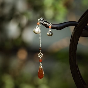 Horquilla de cornalina y sándalo: borla de caqui de plata fina, accesorios para el cabello, estilo chino