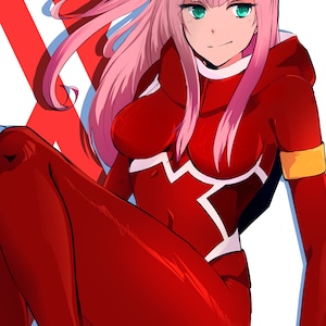 May include: A pink-haired anime character with green eyes wearing a red and white jumpsuit with a yellow armband. The character is sitting with their legs crossed and their arms resting on their knees.