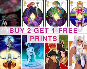May include: A collection of colorful prints featuring various anime and video game characters. The prints include images of characters from The Legend of Zelda, and other anime characters. The text "BUY 2 GET 1 FREE" and "PRINTS" is also visible.