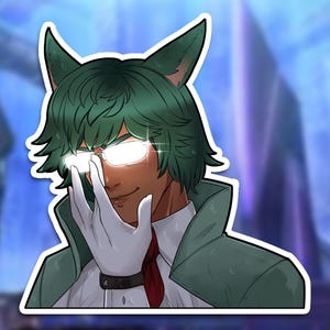 May include: A sticker featuring a cartoon character with green hair and cat ears, wearing glasses with bright white reflections. The character is dressed in a green coat, white gloves, a white shirt, and a red tie. The background is a blurred cityscape.