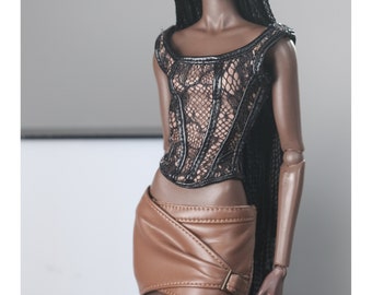 Lace Corset Top and Deconstructed Low-Waist Leather Skirt for Fashion Royalty, Nu Face, Poppy Parker, 12&#39;&#39; Fashion Dolls