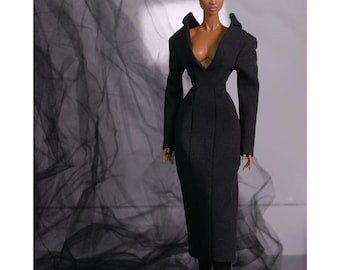 Black Structured Cinched Dress for Fashion Royalty, Nu Face, Poppy Parker, 12'' Fashion Dolls