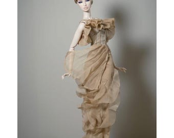 Vestido cáqui claro com espartilho e babados para bonecas Fashion Royalty, Nu Face, Poppy Parker e bonecas de 30 cm.
