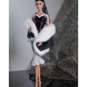 Patent Leather Lace Dress + Double-Sided Fur Shawl for Fashion Royalty, Nu Face, Poppy Parker, 12&#39;&#39; Fashion Dolls