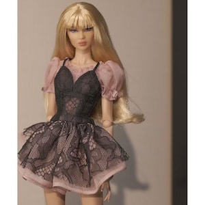 Pink Faux Two-Piece Lace Puff Sleeve Dress for Fashion Royalty, Nu Face, Poppy Parker, 12&#39;&#39; Fashion Dolls