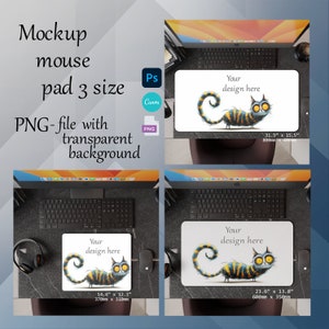 Könnte beinhalten: Mockup eines Mauspads mit einem Cartoon-Katzenmotiv. Das Mauspad ist in drei Größen erhältlich: 36,6 cm x 30,7 cm, 60 cm x 35 cm und 80 cm x 40 cm. Der Text "Your design here" ist auf dem Mauspad gedruckt.