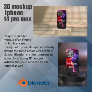 Könnte beinhalten: 3D-Mockup eines iPhone 14 Pro Max-Gehäuses mit einem farbenfrohen Design. Der Text "Your design is here" befindet sich auf dem Gehäuse. Das Mockup steht auf einer weißen Plattform. Der Text "• blender" befindet sich am unteren Rand des Bildes.