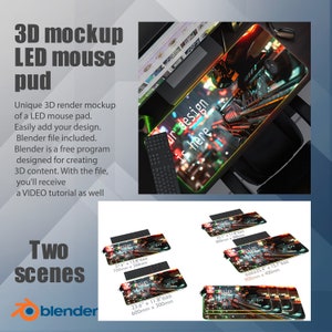 Peut inclure: Une maquette 3D d'un tapis de souris LED avec un design coloré. Le tapis est éclairé d'une lueur verte, rouge et bleue. Le texte "Your design is here" est affiché sur le tapis. La maquette est disponible en deux tailles : 700 mm par 350 mm et 600 mm par 300 mm.