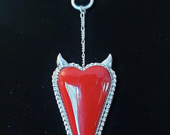 Elongated Rosarita Heart with Horns! Gorgeous Deep Red Rosarita Elongated Heart Devil Horned Sterling Silver Figaro Lariat Pendant Necklace!