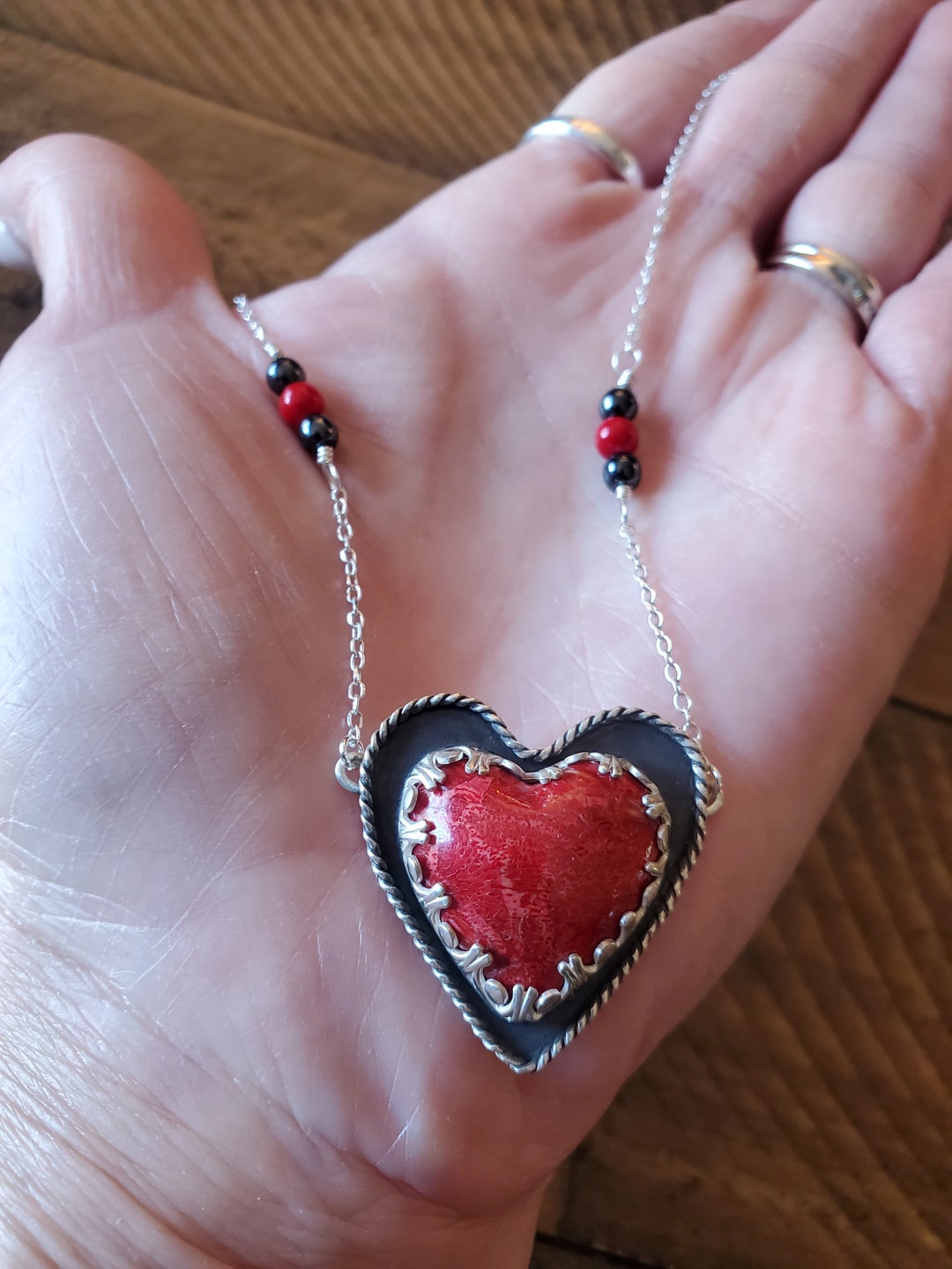 Stunning Bright Red Coral Heart Necklace in Sterling Silver and ...